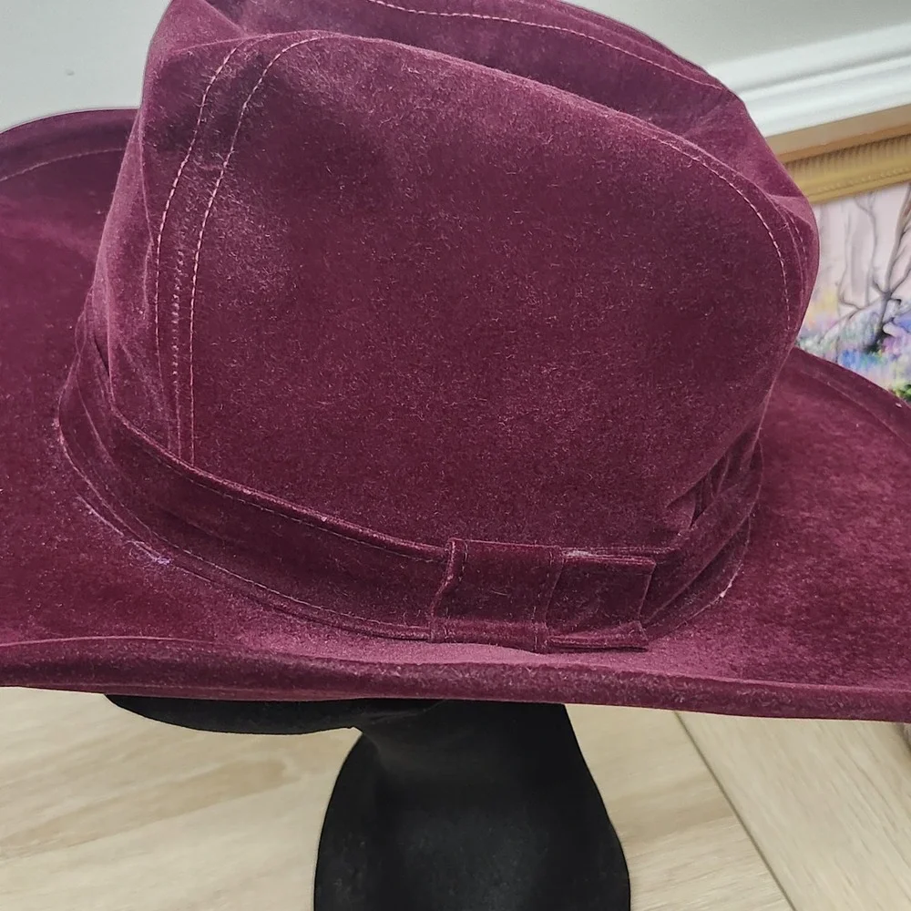 Vintage She's a Lady Burgundy Velveteen Western Cowboy Hat‎ Wide Brim N. Hughes